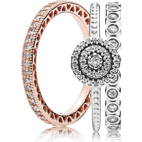 NEW 100% 925 Sterling Silver Elegance Ring Stacked Charms Rings Set Fit European Girl DIY Original Jewelry Gift A set of prices