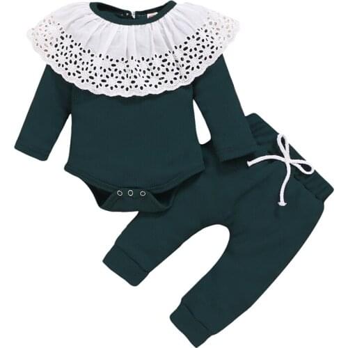 Infant Girl Long Sleeve Romper+ Trousers Lace Stitching Ruffles Elastic Waist Drawstring Design Spring Clothing set