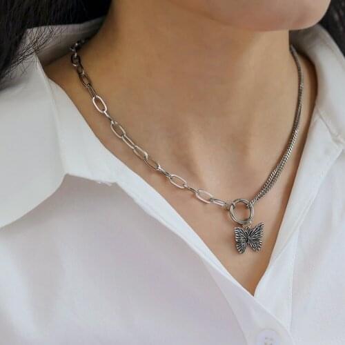 Fashion Punk Hip Hop Butterfly Choker Necklace Lock Chain Necklace Padlock Pendant Necklace Women Adjustable Gothic Bijoux Style