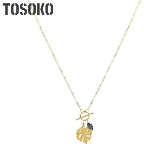 TOSOKO Stainless Steel Jewelry Plant Necklace Leaves Black Zircon Pendant Necklace Womens Exquisite Clavicle Chain BSP581