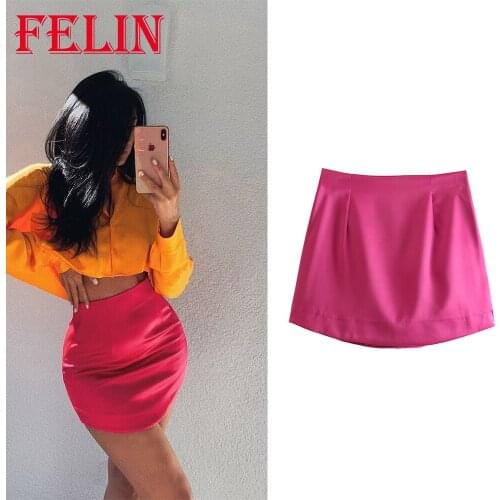 FELIN Za Sexy Shiny Mini Skirts Women Stain Silk Chic Pink Streetwear Straight Skirts High Waist Fashion 2021 Fladas