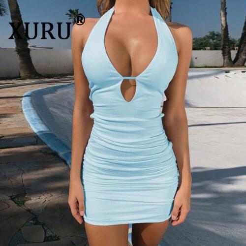 XURU Summer New Womens Dress Sexy Backless Cutout Dress White Red Light Blue Black Dress