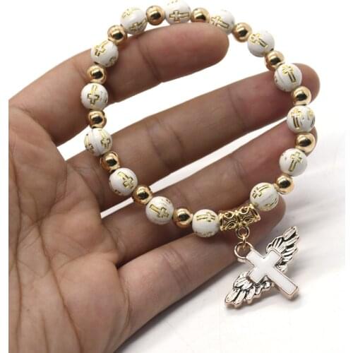 Religious ornaments religion gold Catholic communion cup Gift Center cross wings Rosary Bracelet Bead elastic