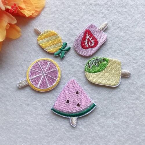 Self adhesive Summer Fruit Popsicle Embroidered Patches for Clothing Shoes Iron on Clothes Sticker Pineapple Appliques Stripes