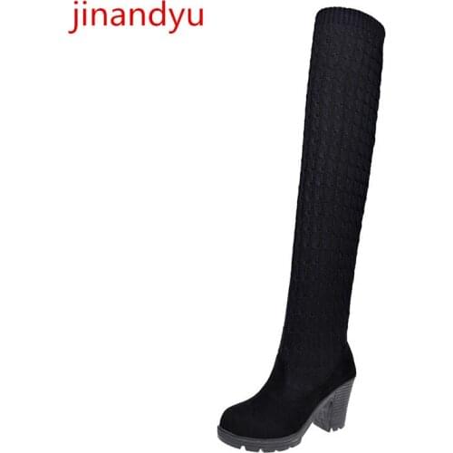 Chunky Heels Long Boots Women Over The Knee Brown Black Comfy Elastic Knitting Spring Autumn Woman Shoes Thigh High Boots Pumps