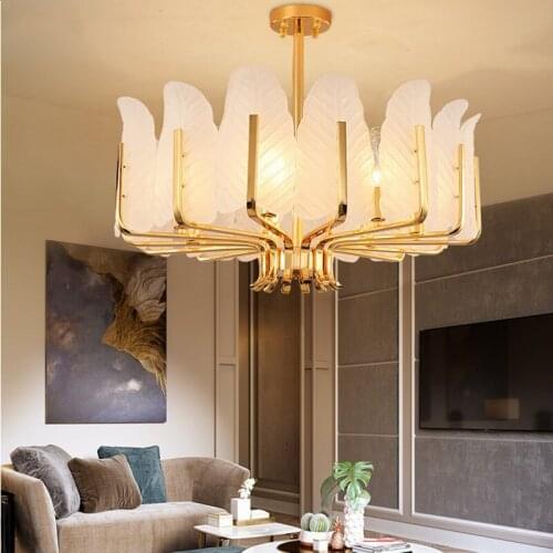 Modern Luxury Gold Metal E14 Led Pendant Lights Living Room Glass Leaves Pendant Lamp Rod Hanging Lamp Lustre Led Lamp Fixtures