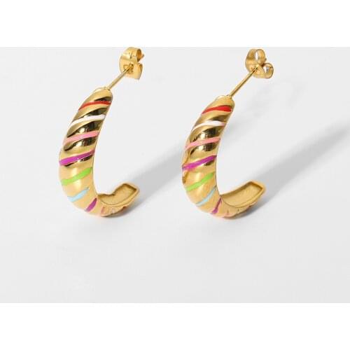 Unique Colorful Dripping Oil Big Croissant C Shape Hoop Earrings For Women 18K Gold Plated Stainless Steel Earrings Jewelry