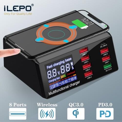 ILEPO 100W PD QC3.0 Quick Charger 8 Port Smart USB LCD Display Charging Dock Station Qi Wireless Fast Charger For iPhone Samsung