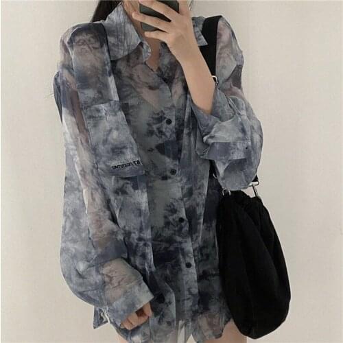 Casual Blue Shirt Female Buttons Shirt Loose Tie Dyed Long Sleeve Blouse Shirt Women Loose Sunscreen Cozy