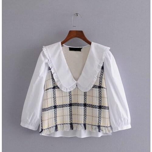 2021 New Spliced Plaid Blouse Women Sweet Tassel Blouses Tops Turn-down Collar Blouse Simplicity