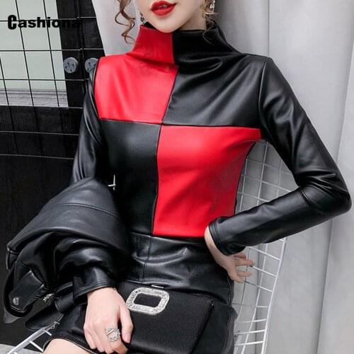 Plus size 4xl Women Fuax Pu Leather T shirt New Patchwork Turtleneck Femme Top Vintage 2021 Spring Autumn Shirt Femme Clothing