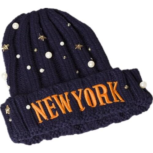 Brand New Women Letters Embroidered Pearls Stars Wool Beanies Hat Warm Travel Antifreeze Knitted Hat Christmas hats