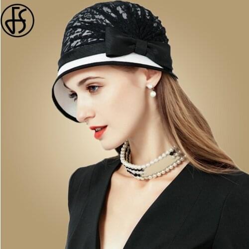 FS Fascinator Lace Bowknot Wide Brim Fedora Hat For Women Black White Vintage Church Derby Hats Ladies Bowler Chapeau Femme