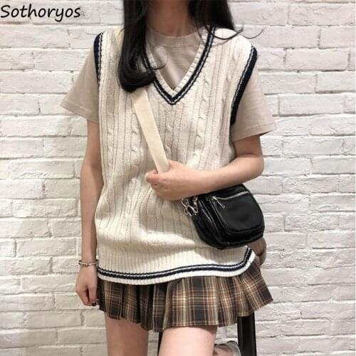 Women Sweater Vests Preppy Style Fashionable Loose Casual Students Harajuku Streetwear Vintage Bf Twist Knitting All-match Daily