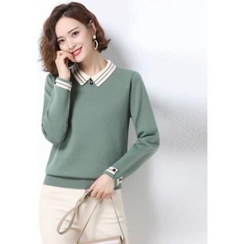 2021 Spring Autumn Long Sleeve Women Sweater Knitted Turndown Collar Pullover Winter Elasticity Solid Color Slim Top Female Y185