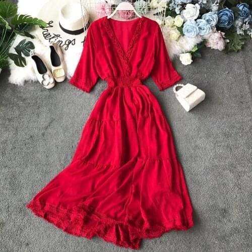 Summer 2020 Red White Hollow Out Patchwork Maxi Dress Elegant V Neck Retro Women Long Dress Vintage A Line Verano Beach Vestido