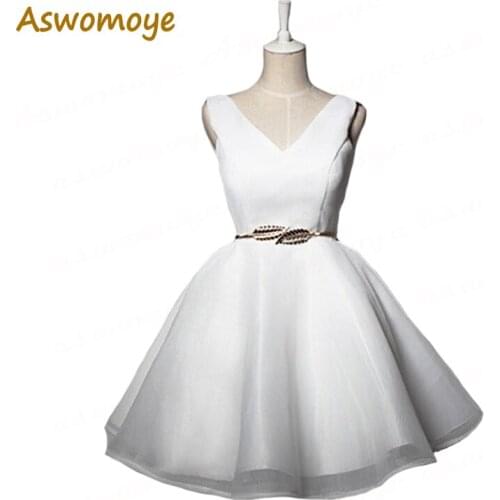 Aswomoye Elegant Evening Dress Short 2018 New V-Neck A-Line Sashes Party Dress Back Lace Up robe de soiree