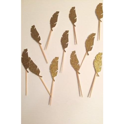 Gold glitter Feather Cupcake Toppers birthday Wedding Bridal baby Shower Engagement Party Bachelorette food picks