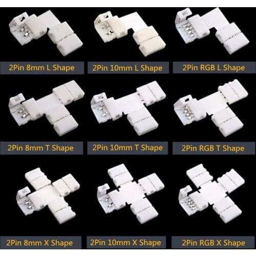 2pin 4pin 8mm 10mm L T X Shape LED Connector Clip For Connecting Corner Angle 3528 5050 RGB LED Strip Light Solderless PCB Board
