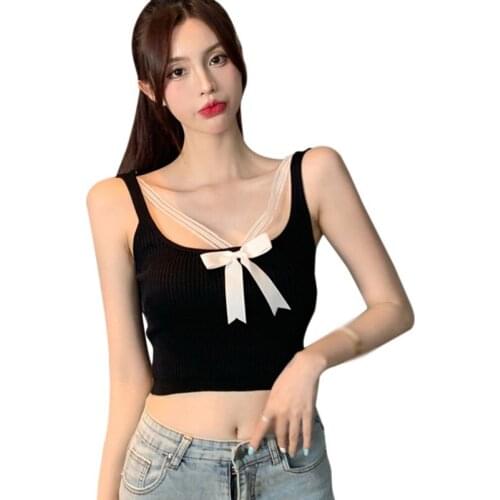 2021 New Sexy Tanks Solid Color with Bow Split Design Knitted Sleeveless Short Style Camisole Fashion Vest Summer Tops