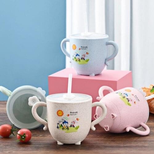270ml Child Feeding Mug Cartoon Pattern Dual Use Wheat Straw Cute Baby Drinking Cup with Straw for Home Kitchen Accessories