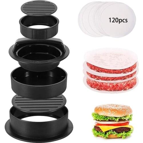 3 in 1 Burger Press Patty Stuffed Burger Maker with 120Pcs Burger Paper Non Stick Sliders Beef Burger Press Meat Tools