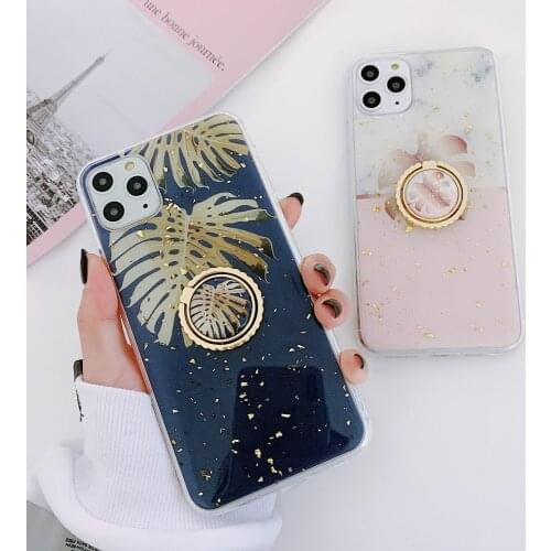 SUYACS Luxury Banana Leaf Phone Case For iPhone 12 Mini 11 Pro Max XR XS Max 7 8 Plus Finger Ring Powder Soft Epoxy Back Cover