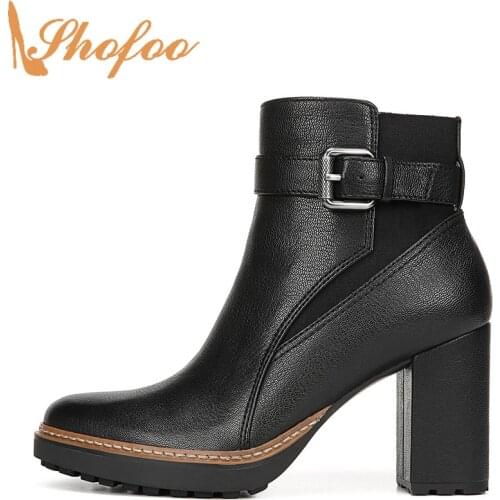 Black Platform Ankle Boots High Chunky Heels Round Toe Booties Woman Large Size 13 15 Ladies Fashion Buckle Strap Shoes Shofoo