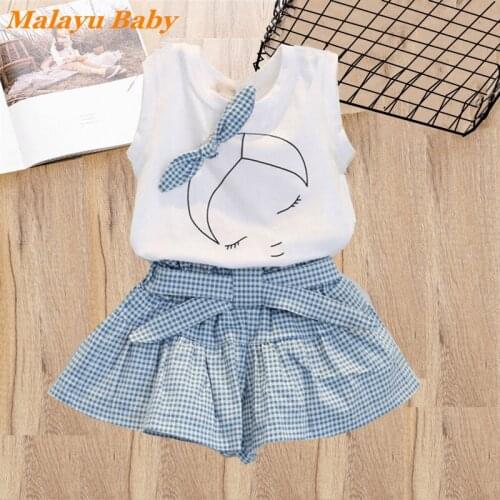 Baby Girls Clothes Set Summer New Kids Cartoon Printed Bow Short-Sleeved T-shirt Lattice Shorts 2Pcs 2-6 Years Children Clothing