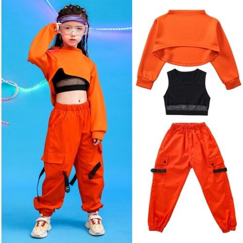 Jazz Dance Costumes Girls Hip-Hop Clothes Short Tops Orange Hiphop Suit Loose Pants Kids Ballroom Performance Dance Wear BL5730