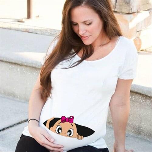 FIXSYS Summer Fashion Pregnant Woman T Shirts Baby Peeking Maternity Tshirt Funny Zip Print Trendy Mom T-shirt Pregnant Tees