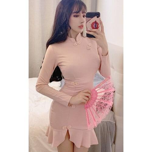 Model real shot 2020 new fashion long-sleeved improved retro cheongsam dress ruffled waist pocket hip fishtail dress autumn