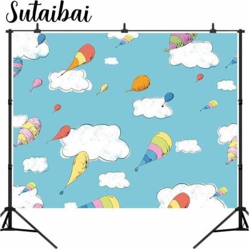 Cartoon Balloons Backdrop Blue Sky White Clouds Photography Background for Kids 1st Birthday Baby Shower Party Decor
