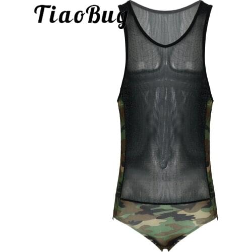 Mens Stretchy Camouflage Print Patchwork Teddies Catsuit Shiny Transparent Sleeveless Round Neck Leotard Romper Lingerie Bodycon