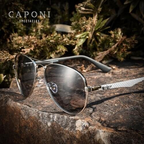 CAPONI Pilot Men Sunglasses Photochromic Polarized Mens Sun Glasses Double Bridge Brand Design Carbon Fiber Arm Eyewear BS3110