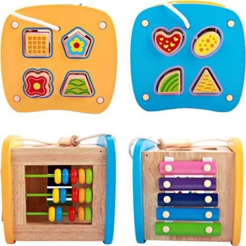 Portable Wooden Baby Intelligence Toy Educational Cube Bricks Geometric Shape Matching Blocks Sorting Box Building Blocks