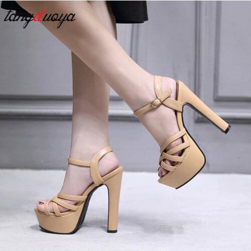 Ladies sandals platform high heels sexy sandals black open toe heels 14cm block heel shoes party shoes for women tacones mujer