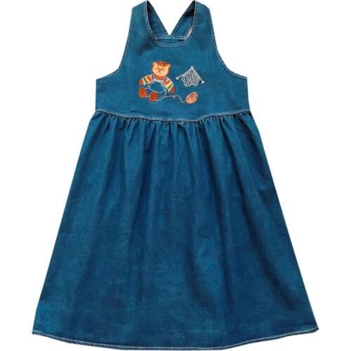 Blue Denim Women Tank Dress Cute Cartoon Bear Embroidery Summer Jeans Dresses Students Knee Length Denim Bodycon Vestidos Mujer