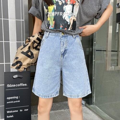 Ailegogo New Summer Women High Waist Wide Leg Black Denim Shorts Casual Female Loose Straight Button Jeans Bermuda Shorts