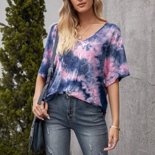Ladies' New Casual Tie-Dye Printing Color Loose Round Neck Short-Sleeved T-Shirt Blue + Pink