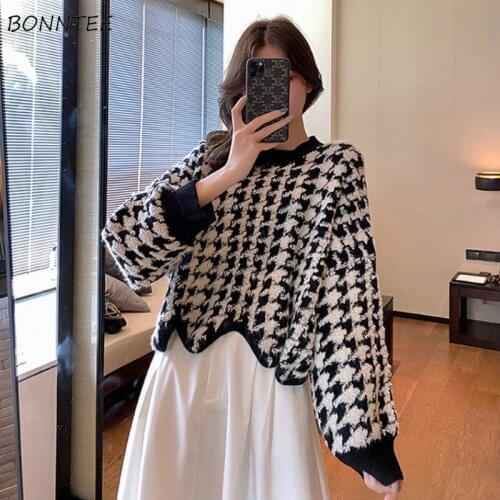 Women Pullovers Plaid O-neck Wave Edge Long Sleeve Elegant Knitting Temperament Soft Korean Style Spring Streetwear New Fashion