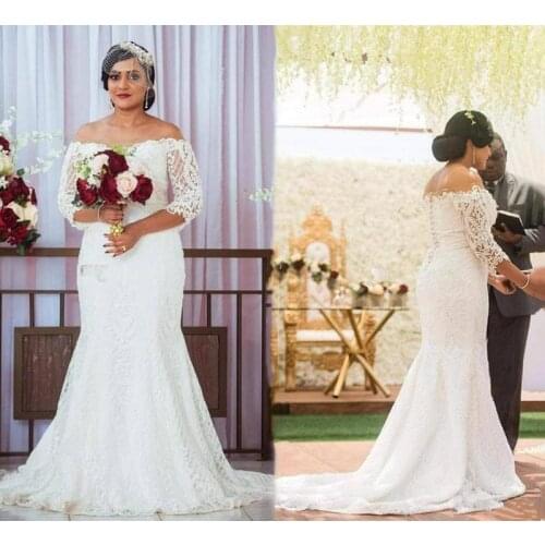 Plus Size Wedding Dresses Off The Shoulder Lace Appliques Sweep Train Dubai Arabic Mermaid Wedding Dress Bridal Gowns