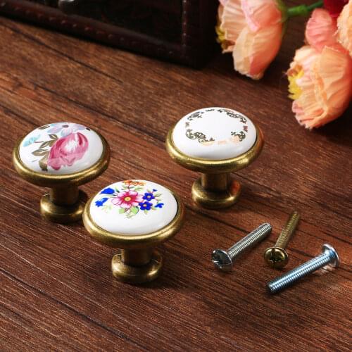 1Pc Antique Brass Flower Ceramic Closet Door Knob Drawer Cabinet Wardrobe Pull Handle Kitchen Cupboard Furniture Handles & Knobs
