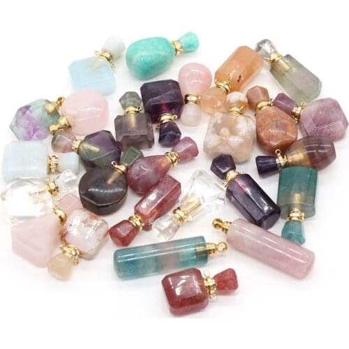 1pcs Natural Stone Perfume Bottle Connector Fluorite Rose Quartzs Pendant Essential Oil Diffuser Necklace DIY Jewelry Gift