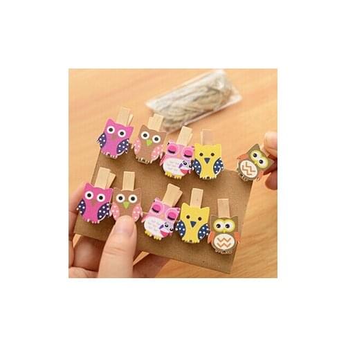 10 pieces/lot Kawaii Owl Wooden Clip Cute Cartoon Photo Paper Craft DIY Clips with Hemp Rope FOD