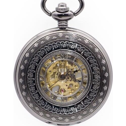 5pcs Drop Shipping Bronze Black Roman Numeral Display Hollow Transparent Mechanical Hand Wind Pocket Watches Mens Fob Watch