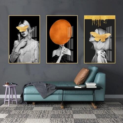 Abstract Wall Art Pictures Fashion Woman butterfly Gold And Black Orange Modern Canvas Painting Beauty Decor Posters Home Decor