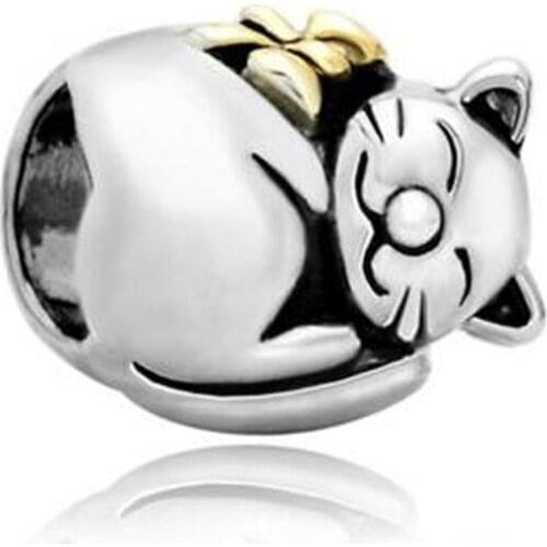 Animal charm beads fit Pandora sleeping cat golden bow necklace bead bracelet big hole round bead jewelry making Europe