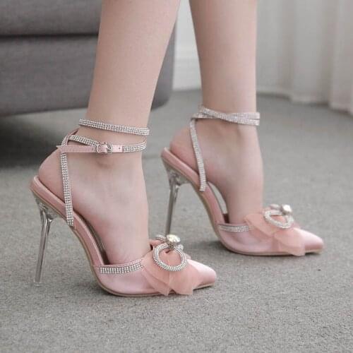 Glitter Rhinestones Pink Women Pumps Crystal Bowknot Satin Summer Lady Shoes High heels Party Stripper Shoes