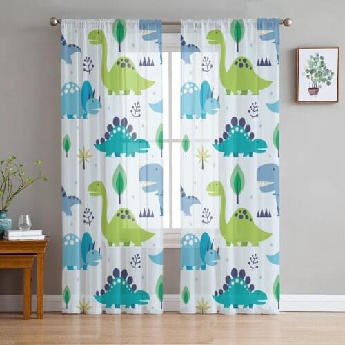 Color Dinosaur Cartoon Kawaii Tulle Curtains for Living Room Decoration Modern Chiffon Sheer Voile Kitchen Bedroom Curtain